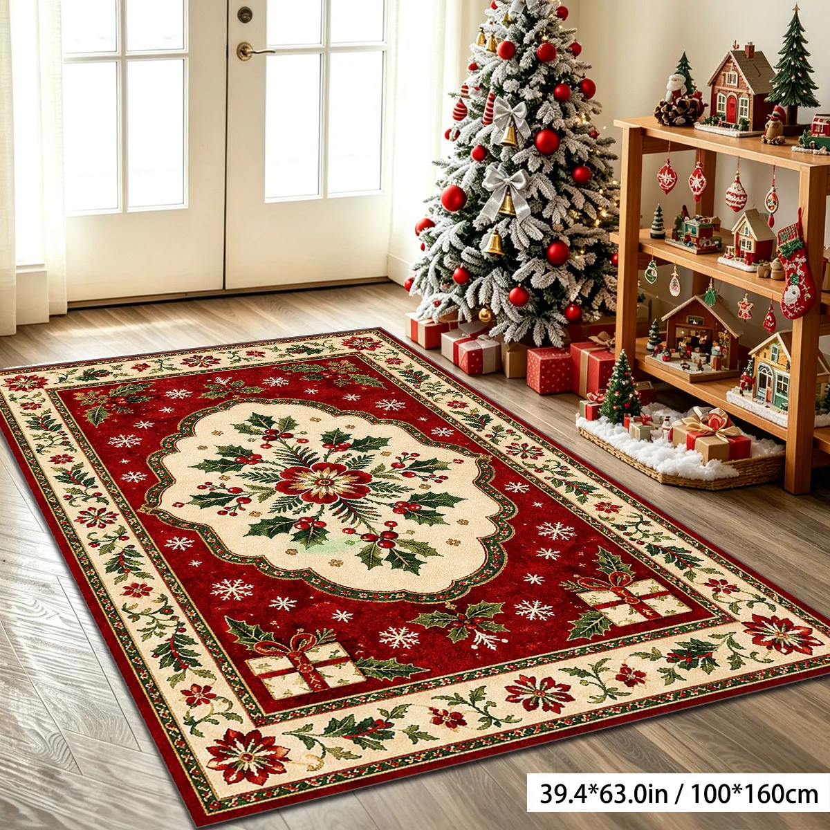 1pc Christmas Holly Gift Box Snowflake Printed Area Rug, 2D Flat Print, Indoor Floor Mat for Living Room, Xmas Home Decor