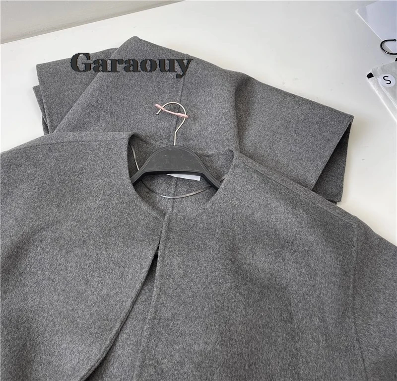 Garaouy Grey Long Woolen Coats Women Fashion Elegant Female Winter Vintage Lace-Up Overcoat High Street Chic Jacket Outweater