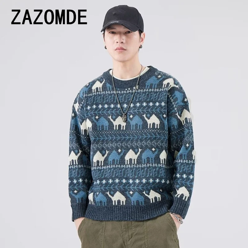 ZAZOMDE Jacquard Soft Sweaters Vintage American Style Knitted Top Casual Christmas Sweater For Men Trendy Pullovers Crew Neck