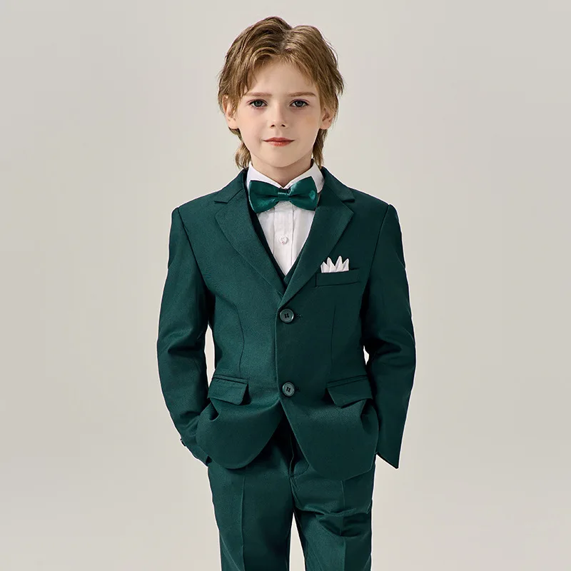 Vestido de fiesta de noche para niños, traje de fotografía de boda para niños, traje de actuación de ceremonia, pantalones, chaleco, pajarita, verde oscuro