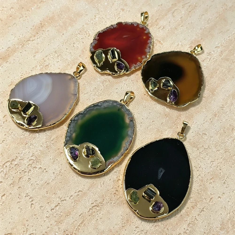 Freeform Agate Geode Slice Charms Golden Tone Rim Inlaid Gems Single Bail Healing DIY Beading Findings P2D258