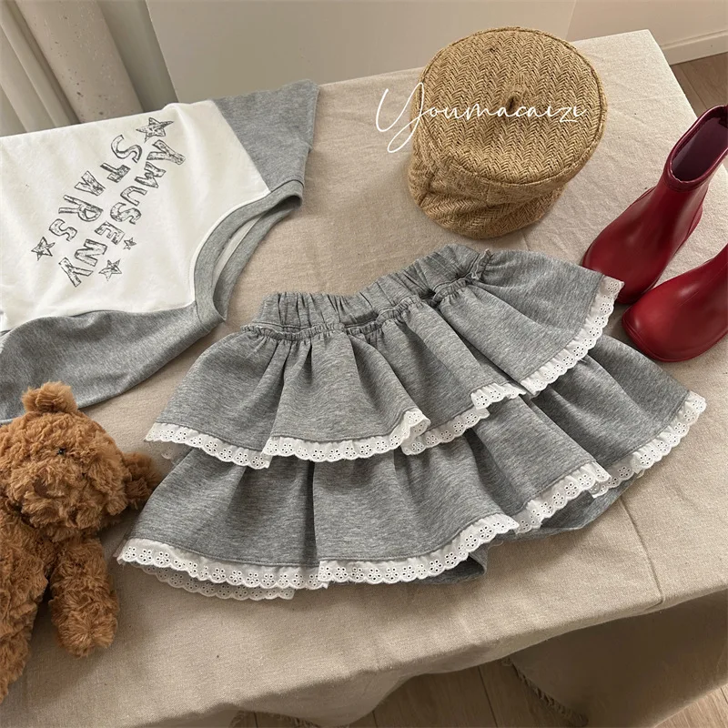 

2026 Spring summer New Children's Lace Ruffled Culottes Girls Baby Foreign Solid Color Skirt Shorts Korean
