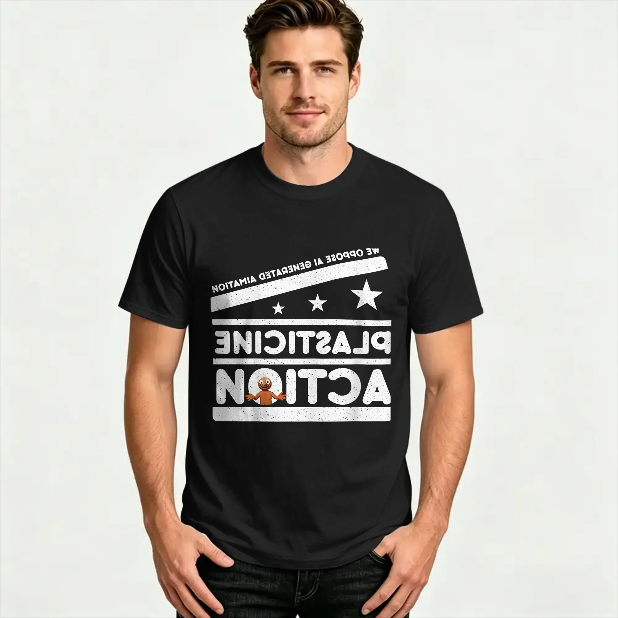 Men Women Plasticine Action T Shirt We Oppose AI Generated Animation 100% Cotton Tops Funny Round Collar Tees