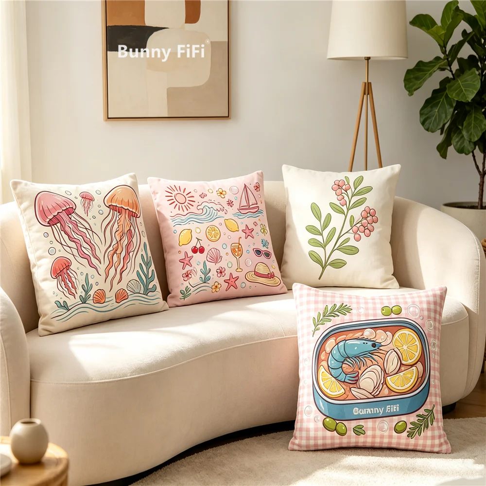 Cute Ocean Jellyfish Seafood Floral Cartoon Pillow Cover 45x45cm Cushion Case Pillowcase for Sofa Living Room Home Decoration