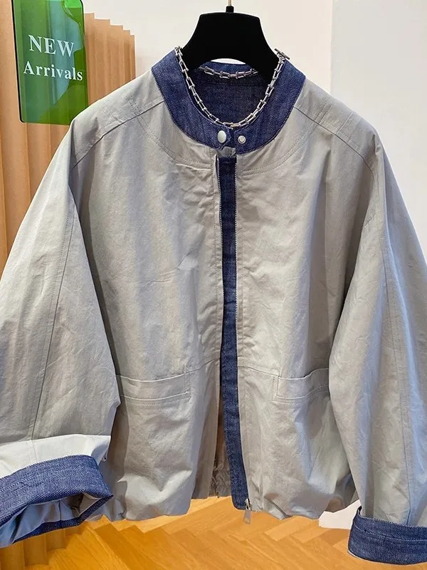 

Casual Sle Patchwork Denim Jaet Women's Spring Autumn Loose Fit Stand Collar Baseball Coat Top Faionable Personali
