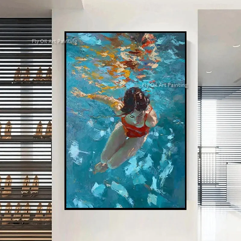 

Новые предметы для дома, настенные предметы, ручная роспись, современная красивая девушка, красное платье, холст для плавания, толстая картина маслом, синее море, произведение искусства