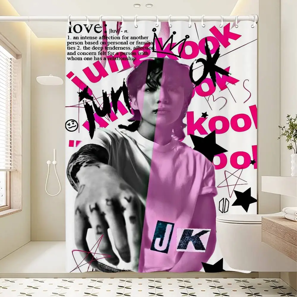 KPOP J-Jung K-Kook ستارة الحمام الكلاسيكية أنيمي النسيج دش الستار مع 12 السنانير ديكور الحمام مقاوم للماء