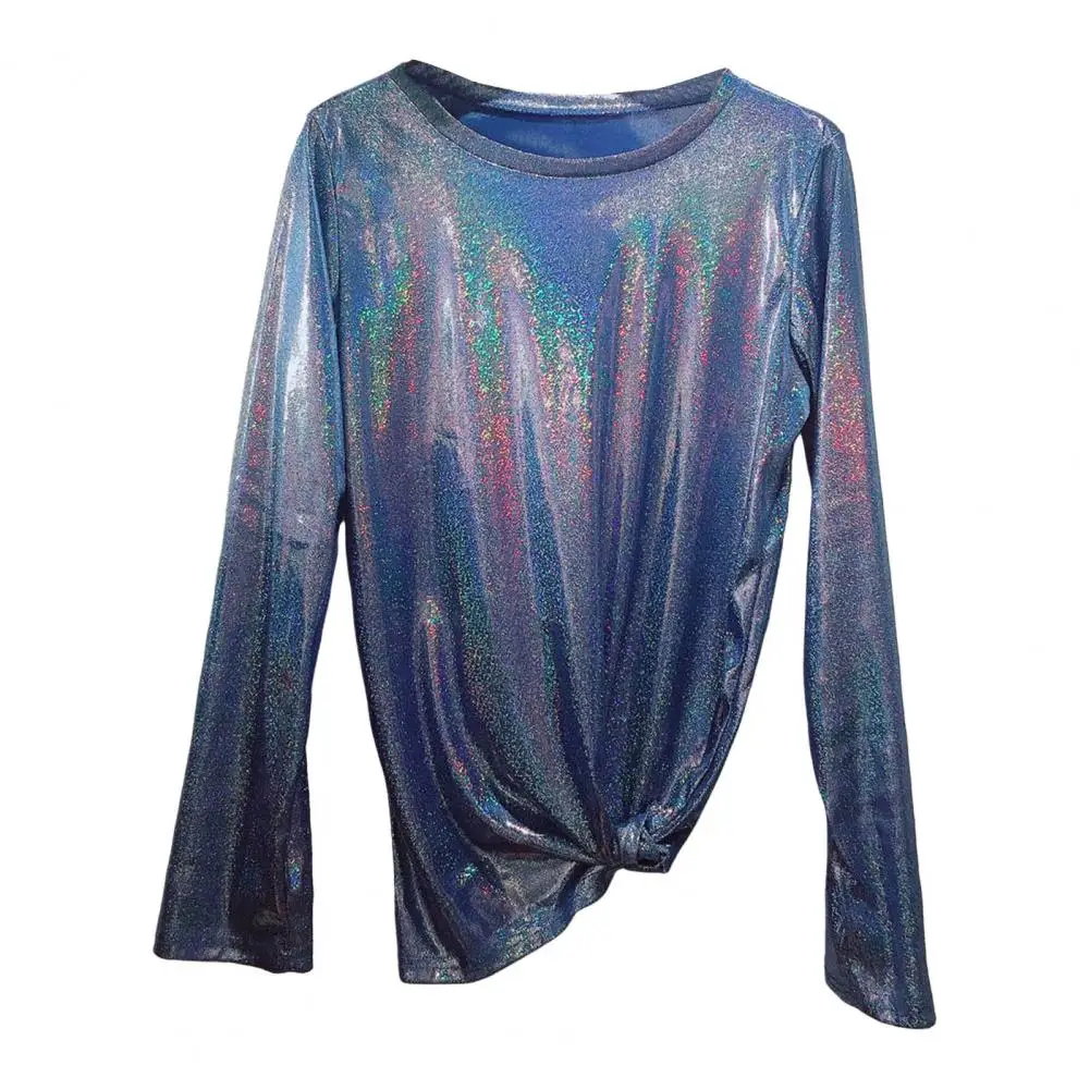 Shimmering Round Neck Shirt Sparkling Reflective Sequin Embellished Women's Long Sleeve T-shirt Loose Fit Pullover Tops