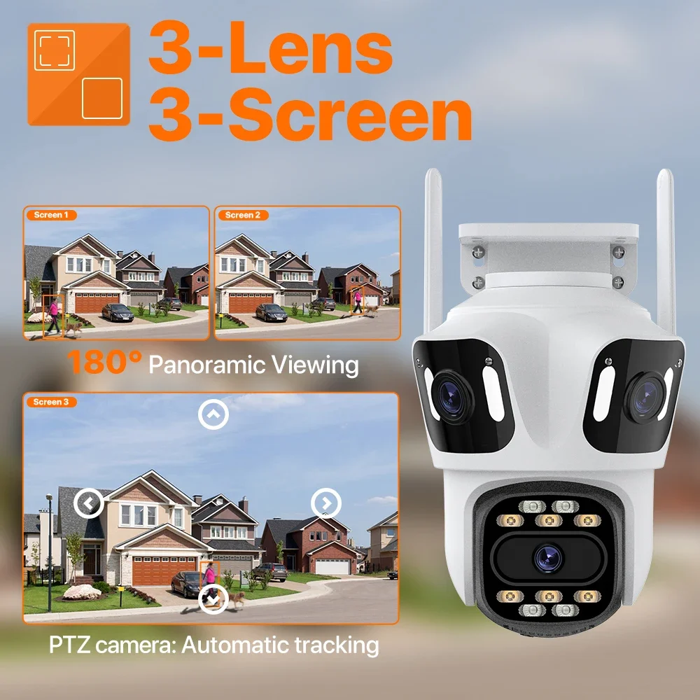 Three Lens Wifi IP Camera 4K HD Outdoor Wireless Security CCTV Camera AI Detect Auto Tracking P2P Surveillance iCSee APP