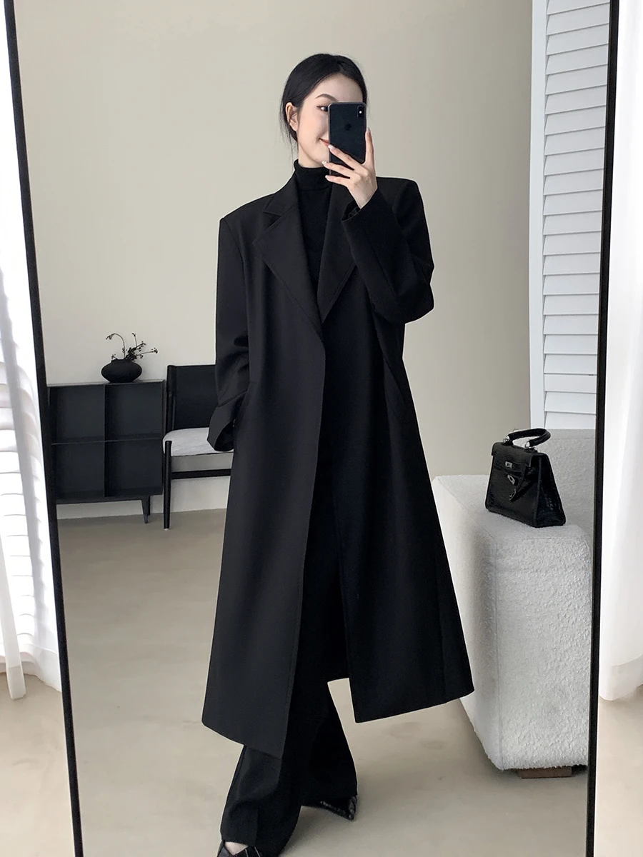 

Bla Suit Sle Windbreaker Long Sve Faionable Commuting Polyester Blend Windbreaker Пальто средней длины Ele Godd S...