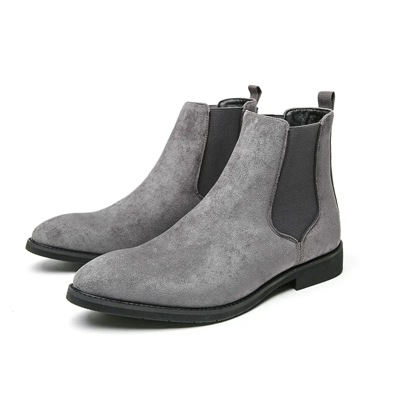 New Gray Chelsea Boots for Men Faux Suede Flock Business Mens Short Boots Ankle Boots for Mens with Size 38-48