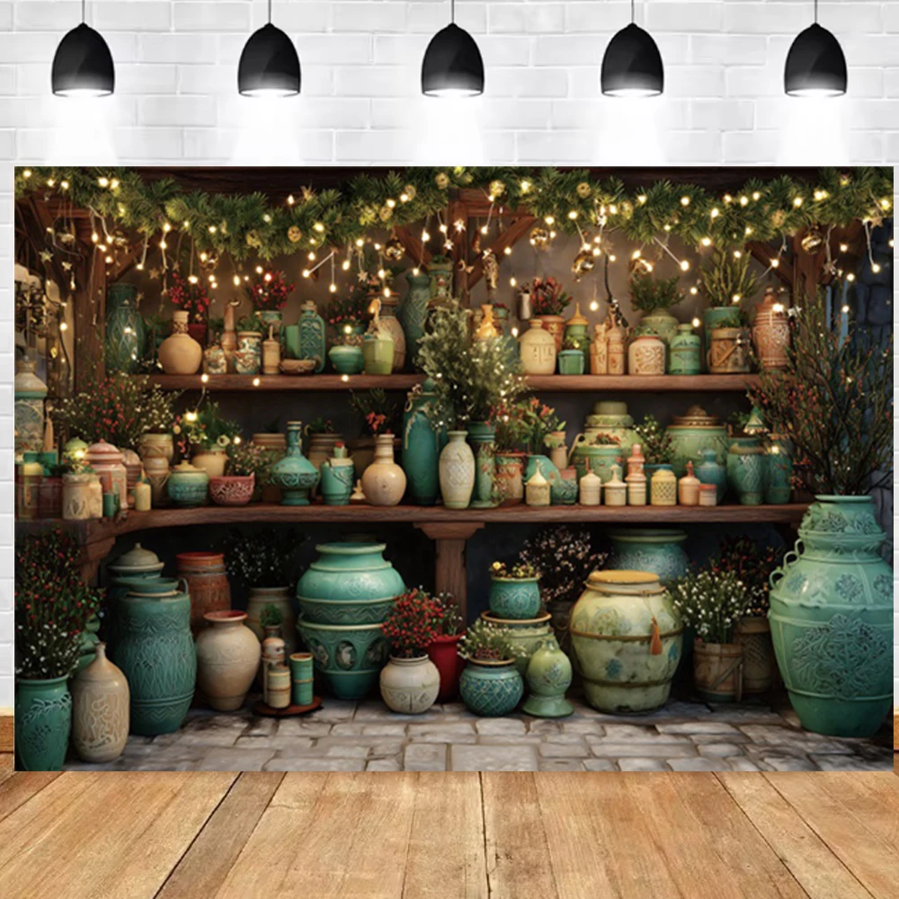 Christmas Kitchen Photography Backdrops Rustic Courtyard Green Wood Cabinet Wreath Kids Family Xmas Party Decor Photo Background