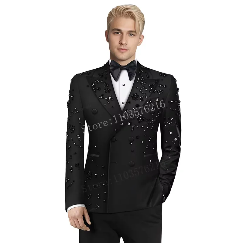 

B02 Luxury 2 Pieces Set Men's Suits Beaded Crystals Notched Lapel Groom Wedding Formal Party Prom Tuxedo Wedding Groom