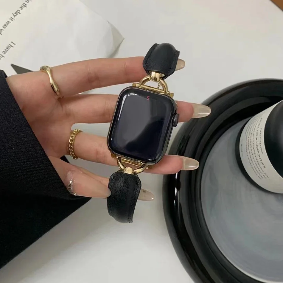 

Кожаный ремешок для Apple Watch Series 9, 8, 7, 6, 5, SE, 4, 38/40/41/42/44/45 мм, роскошный металлический браслет в стиле INS D для IWatch Ultra 2, 49 мм