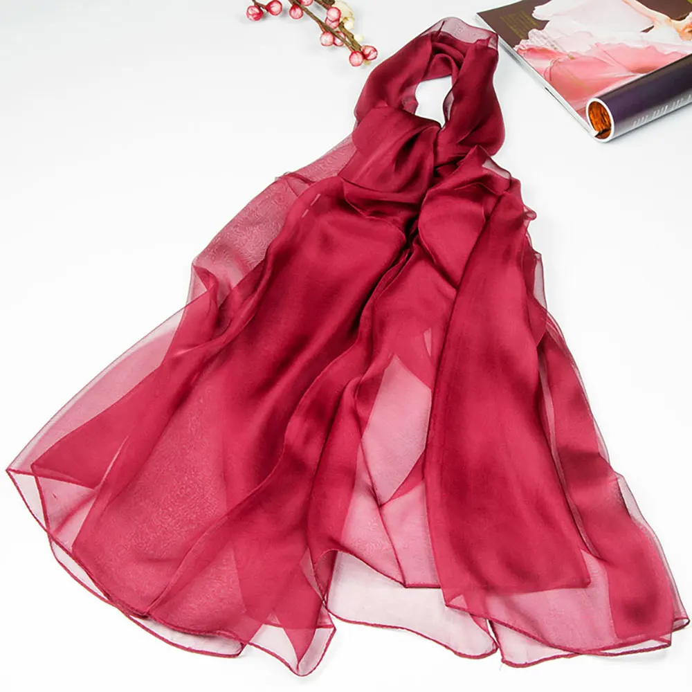 Large 100% Natural Silk Scarf 175cm Long Chiffon Shawl Luxury Solid Burgundy Red Wrap Women Summer Sunscreen Beach Foulard Thin