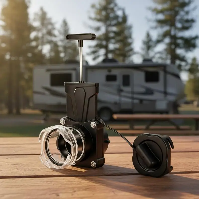3in RV Waste Gate Valve Twist On Bayonet Sewer Drain with Clear Adapter Cap for Camper Road Trip Sewer Needs