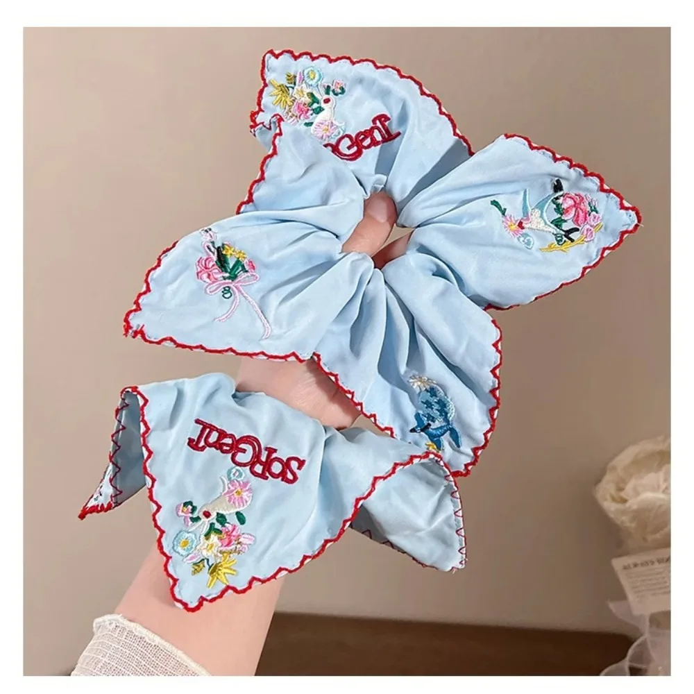 

Elegant Embroidered Flower Hair Band Square Hair Accessories Large Hair Scrunchies Blue Floral Hair Rope