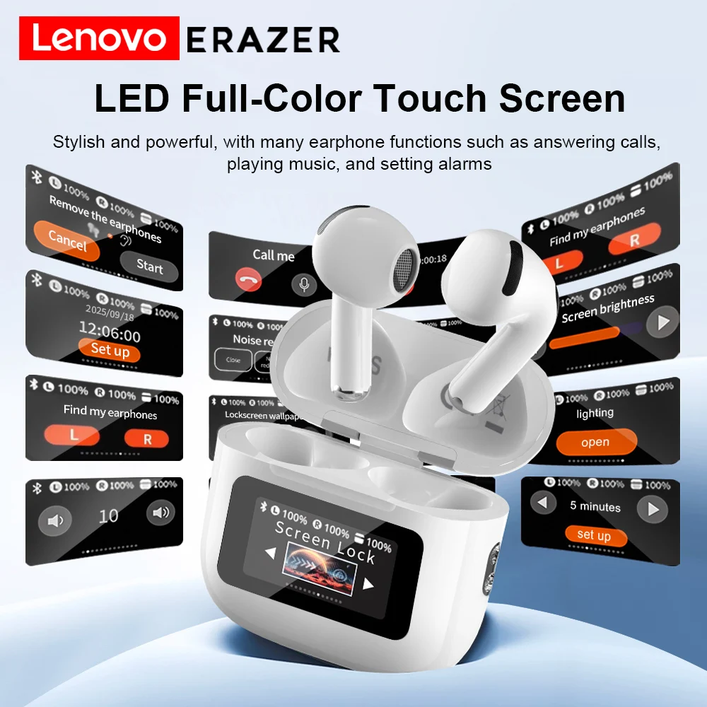 سماعات Lenovo ERAZER الأصلية بتقنية البلوتوث اللاسلكية بتقنية البلوتوث، سماعة رأس LED كاملة الألوان، شاشة لمس ذكية