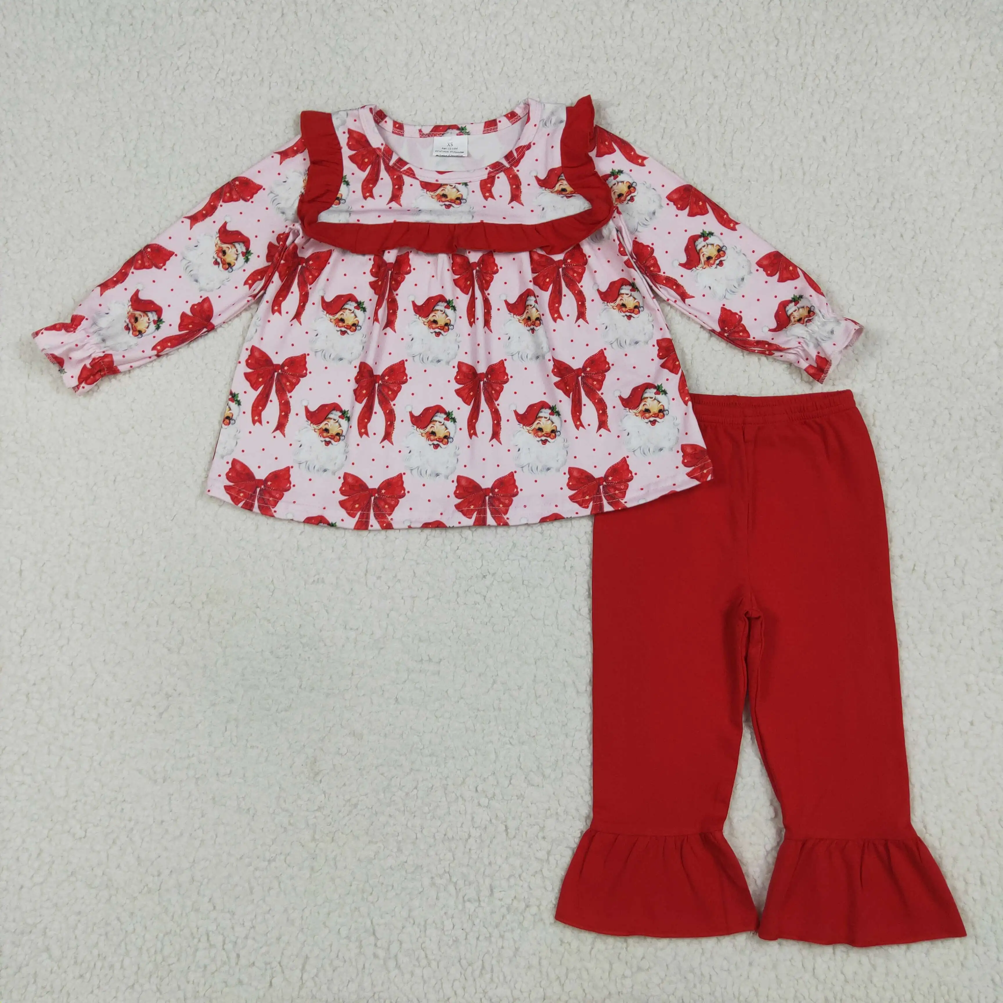 

Red Christmas Santa Red Bows Print Long Sleeve Dress High Quality Girls Winter Casual Clothing Set Kids Wholesale Set
