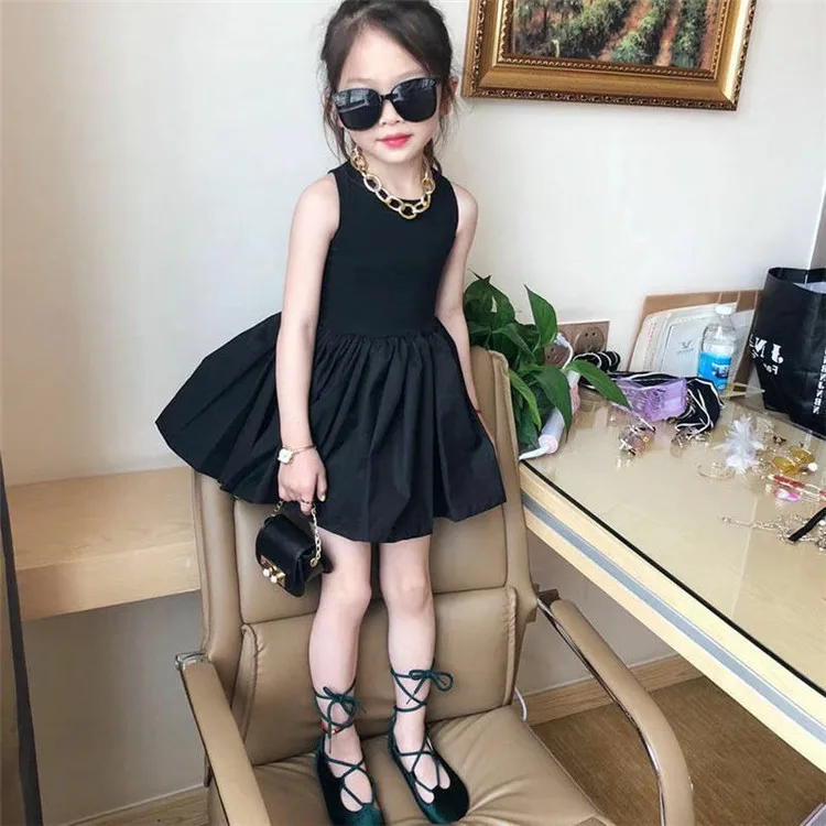 Girls Casual Dress Summer Girl Baby Black Skirt Children Personality Tide Korean Backless Princess Vest 2024 Simple Loose