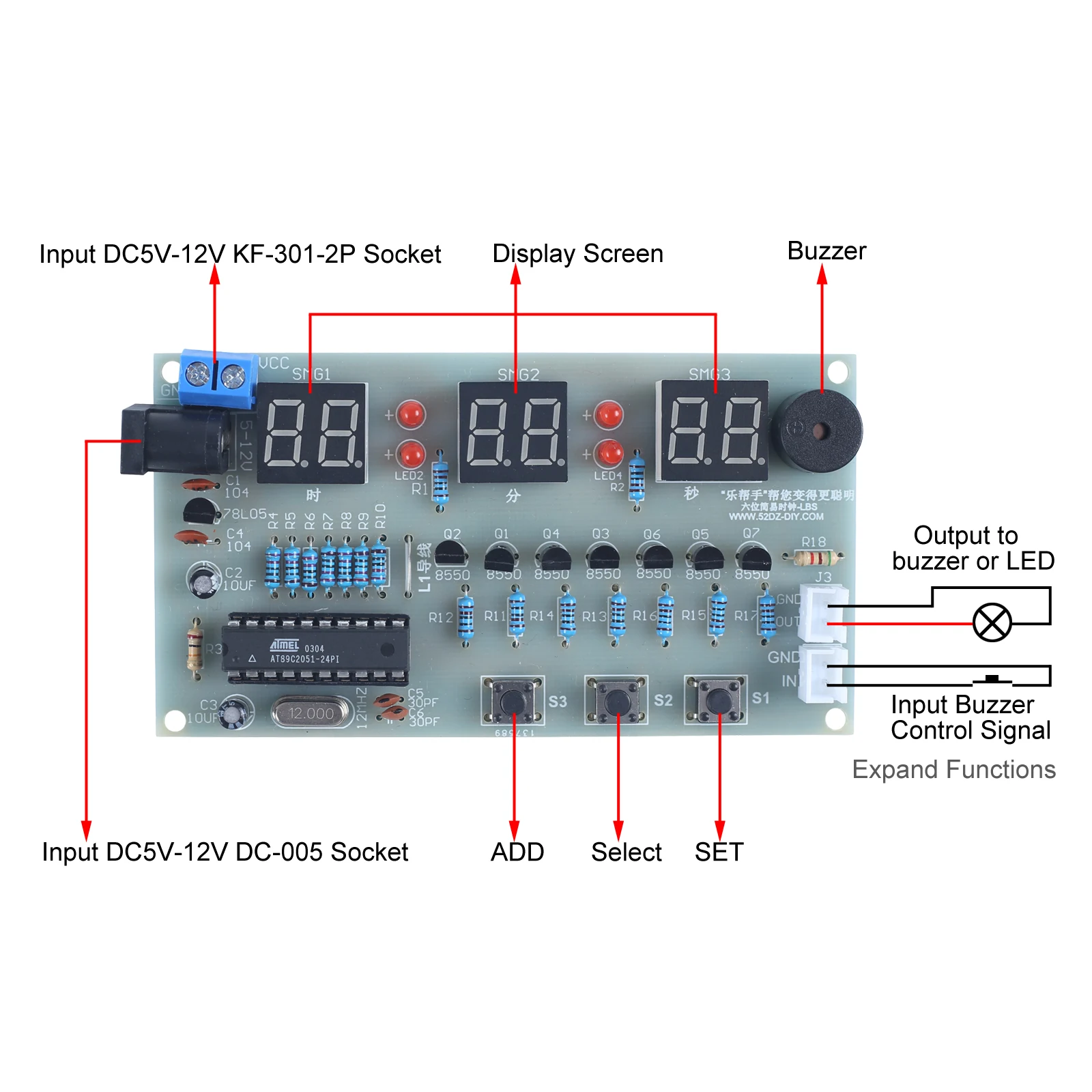 DIY Electronic Clock Kit 6Bit Alarm Clock Counter Countdown Stopwatch Component Soldering Project Practice Suite Red LED