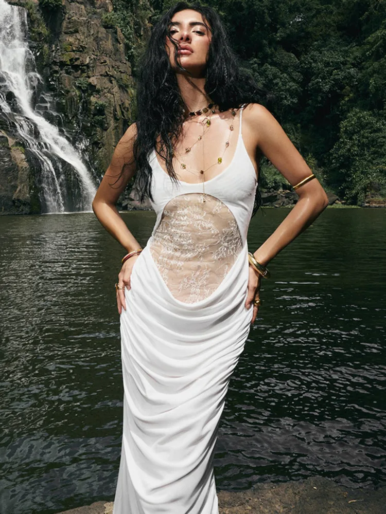 

Mozision Lace See Through Backless Sexy Maxi Dress Women Spaghetti Strap Sleeveless Ruched Bodycon Club Party Long Dresses