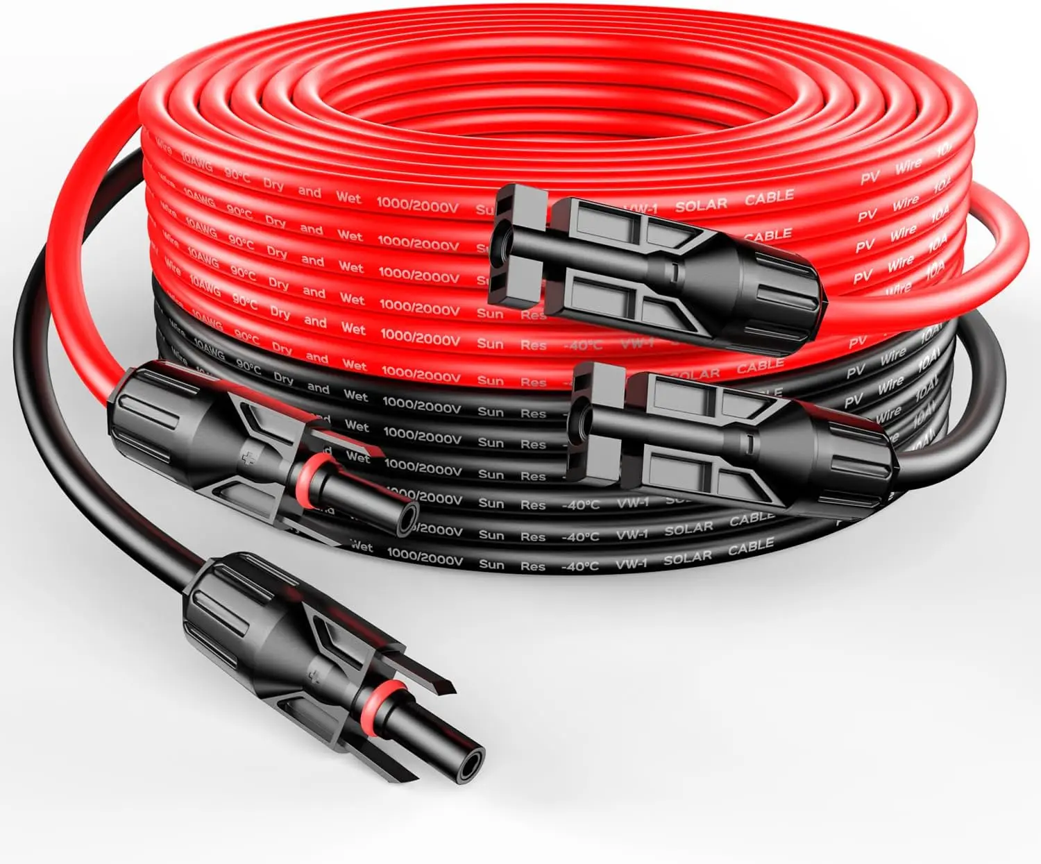 10 Gauge 10AWG One Pair 50 Feet Red + 50 Feet Black Solar Panel Extension Cable Wire with Female and Male Connectors (50FT