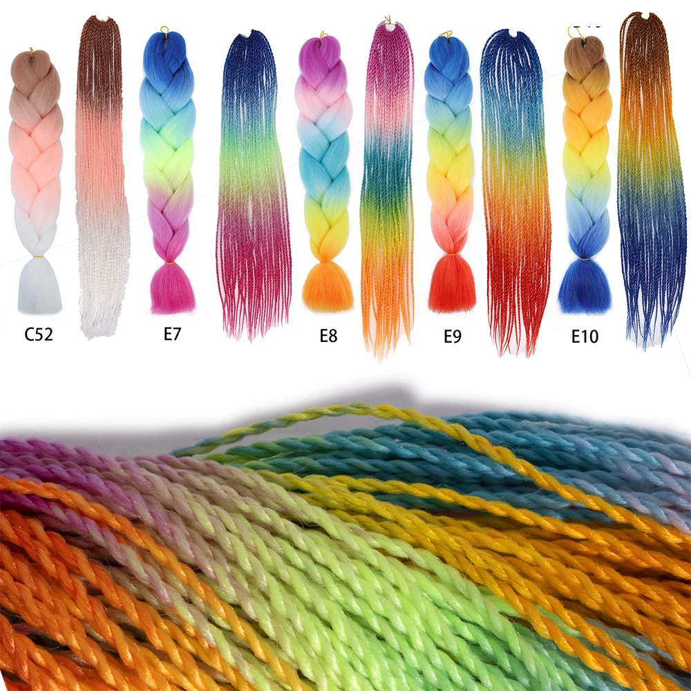 Twist Braid Crochet Braids Hair Extension Three Tone Ombre Color Rainbow Jumbo Box Braiding Synthetic Hair pre stretched 24"