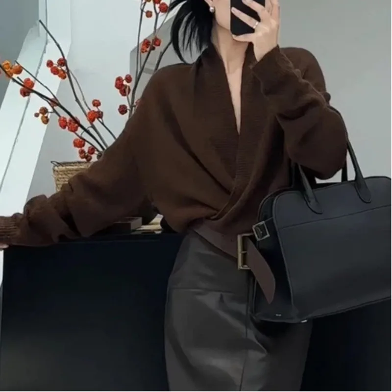 

Women Coffee Color Sweater Coat Autumn Winter New Style Fashion High Grade Soft V Neck Knitted Cardigan