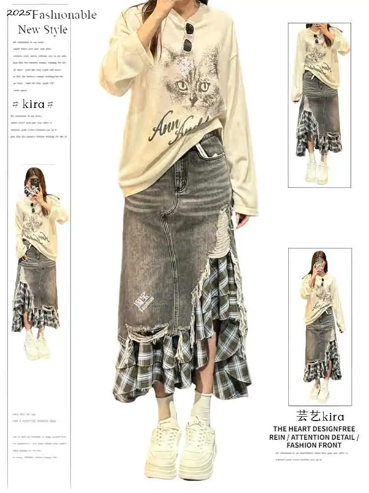 Autumn Women 2000s Aesthetic Midi Skirt Baddie Style Japanese Preppy Y2k Kpop College Plaid E-girl A-line Punk Irregular Skirt