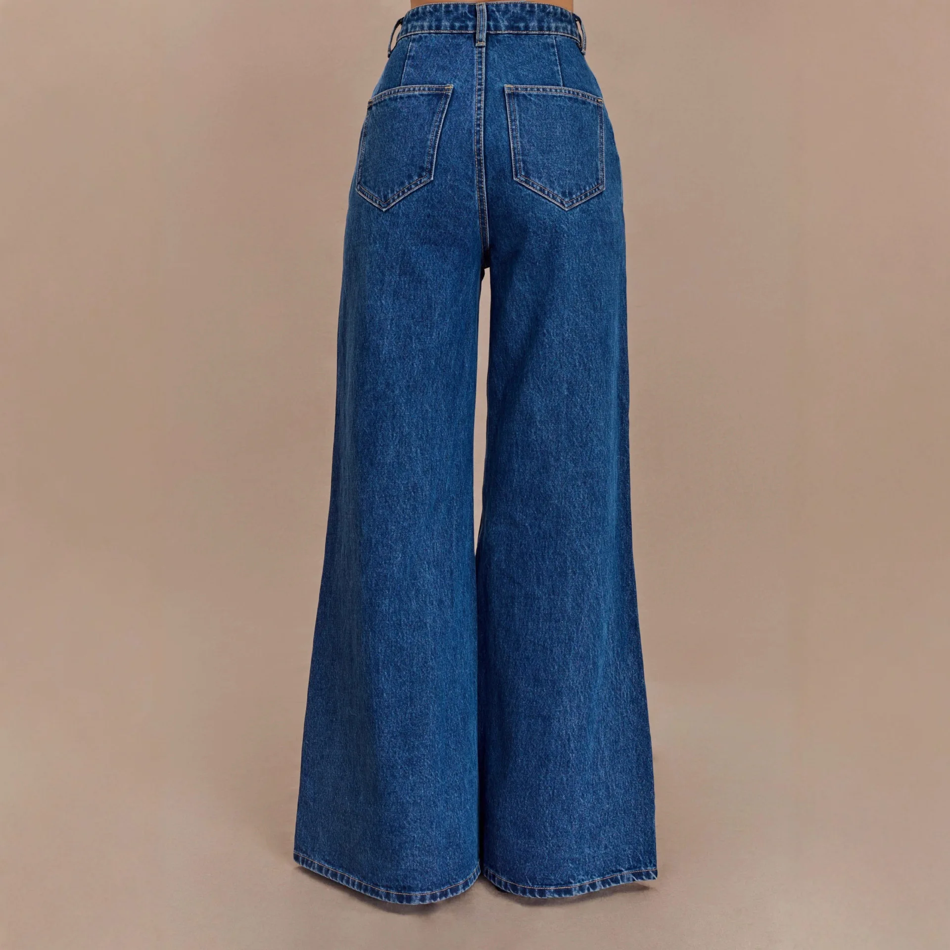 Women's Dark Blue Solid Color Loose Wide Leg Simple Basic Denim Trousers European New Fashion Female Jeans Pants Bottom Clothes