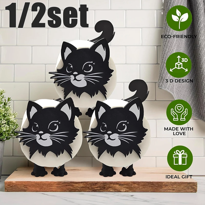 

1/2Set Cute 3D Printed Black Cat Roll Holder Cat Toilet Bathroom Roll Paper Storage Rack Fun Black Cat Bathroom JJ0491