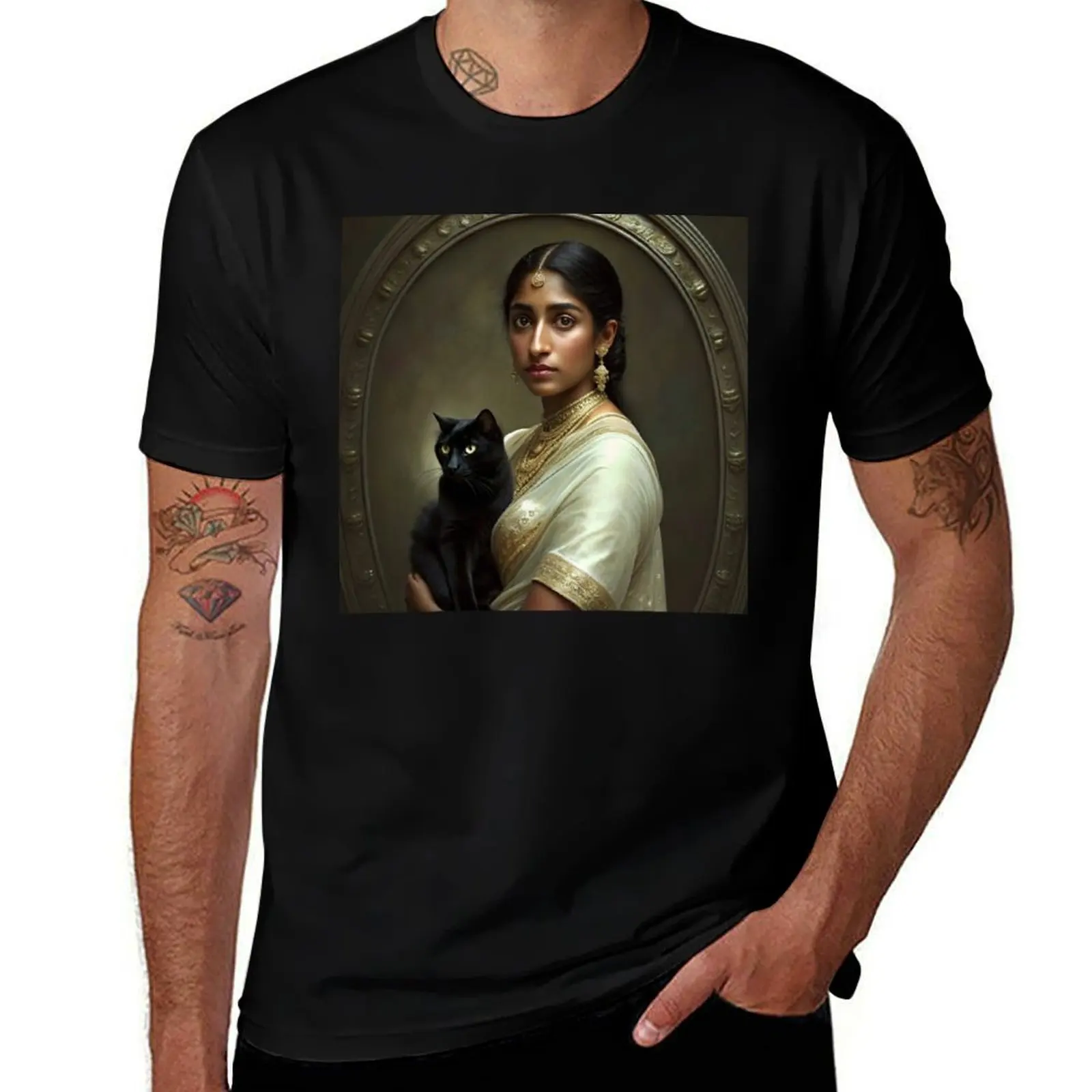 

Regal Indian Woman with Black Cat – Vintage Portrait T-Shirt sublime oversize t-shirts man T-shirt men