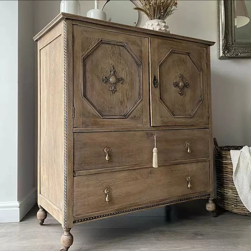 French solid wood retro old chest cabinet, entrance cabinet, American entrance hall, storage shoe cabinet, antique carved dining