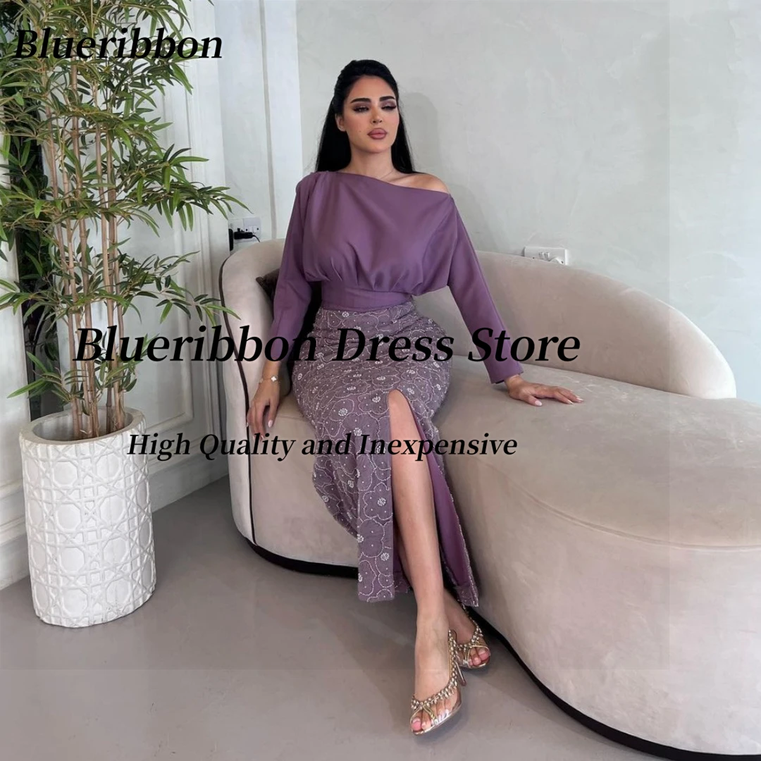 Blueribbon Modern Prom Dresses 2024 Long Sleeves Birthday Party Saudi Arabia Women Wear Beaded Lace Flowers Evening Formal Gowns