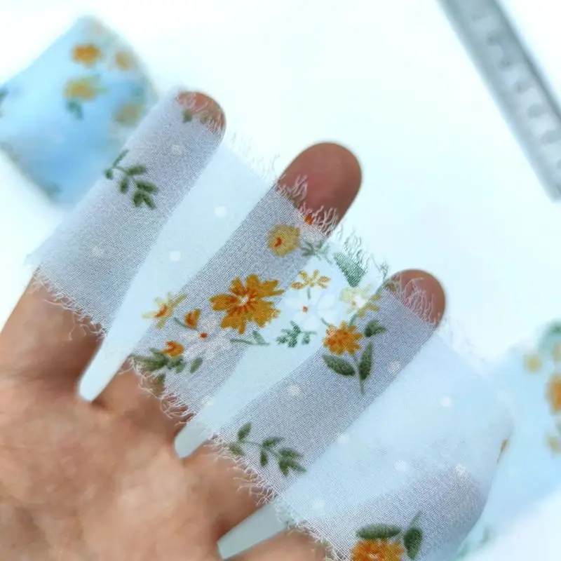 Printed Hand Torn Raw Edge Ribbons Rural Wind And Snow Spun Ribbons Small Fresh Flower Bouquet Ties Broken Flower Tassel Ribbons