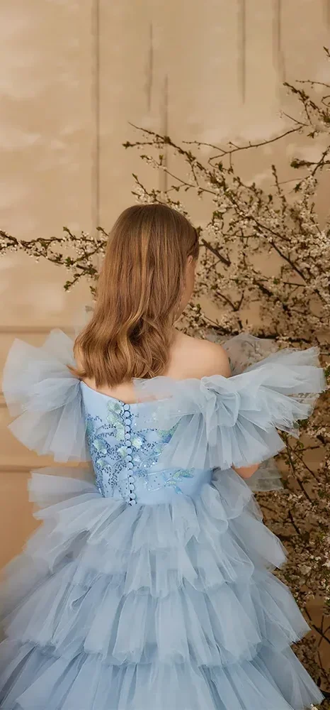 Geschichtetes Blumen mädchen kleid für Hochzeits tüll applikation von der Schulter elegante Prinzessin Kinder geburtstags feier Erstkommunion Ballkleid