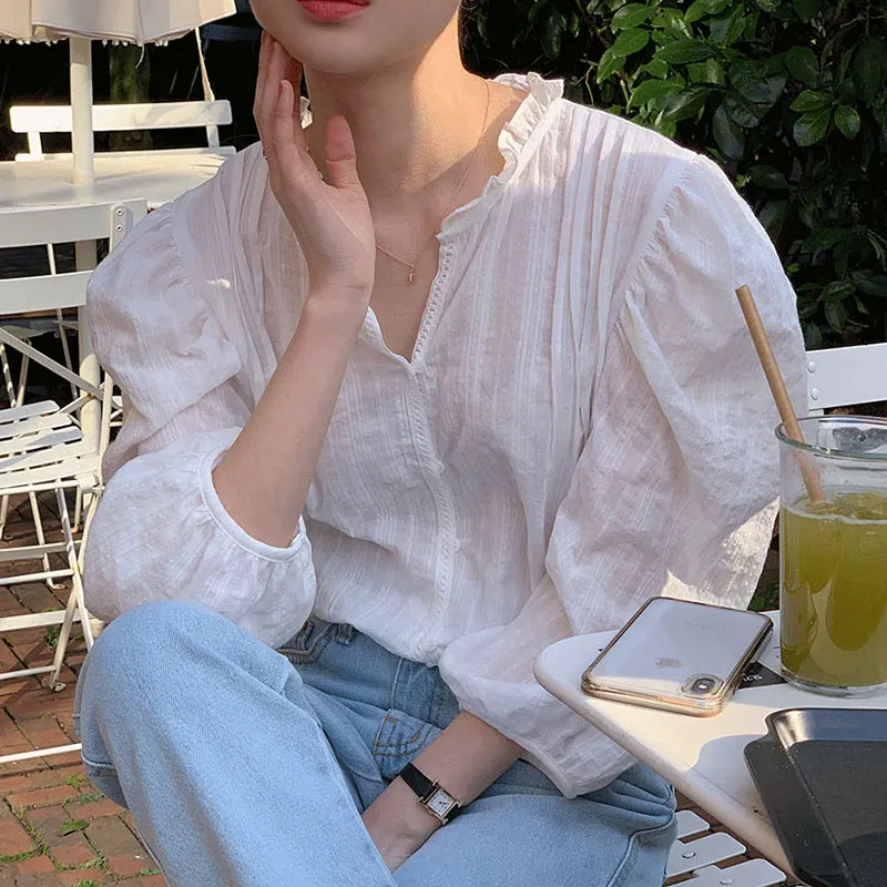 

Chic Spring Gentle Wooden Collar Pleated Design Loose Color Bubble Sve irt Top Women's Faion Loose Fit irt