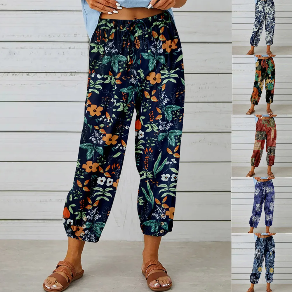 

2025 New Cotton Linen Women's Pants High Waist Drawstring Nine-point Pants Elastic Waist Tied Feet Retro Printed Pants