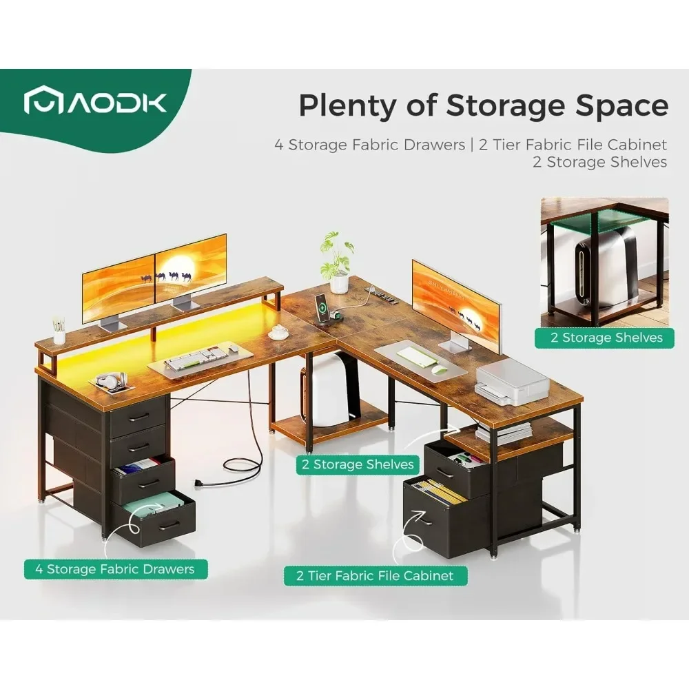 L Shaped Computer Desk, Reversible Home Office Desk with File Cabinet &  Fabric Drawers, Two Person Desk with LED Lights