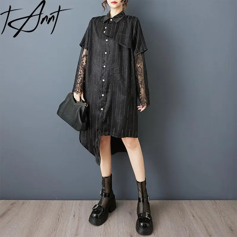 

Tannt Women Dress Lace Patchwork Asymmetry Casual Shirts Dresses For Women Irregular Fashion Long Summer Stripe Dresses 2025