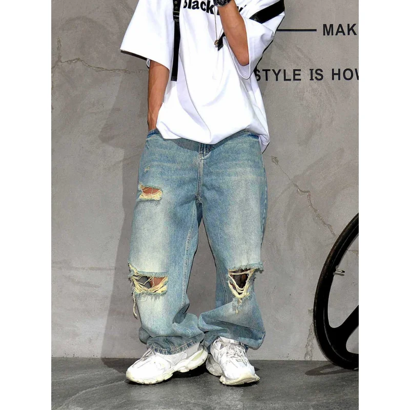 

Fashion Personality Hip Hop Distressed Jeans, Men's Street Loose Wide Leg Floor-Length Pants