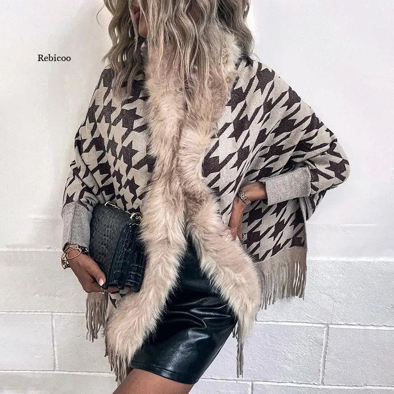 

Houndstooth Tassel Cape Coat Women 2022 New Autumn Winter Fur Collar Poncho Ladies Knitted Cardigans Cloak Shawl Sweater Jacket