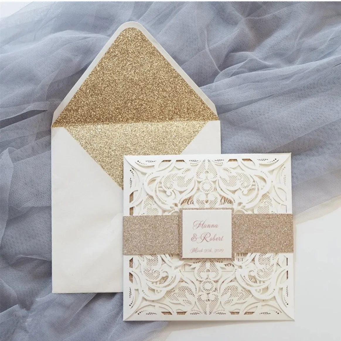 Elegant Laser Cut Square Paper Wedding Invitation Card Custom Printing Vintage Invitations Sample