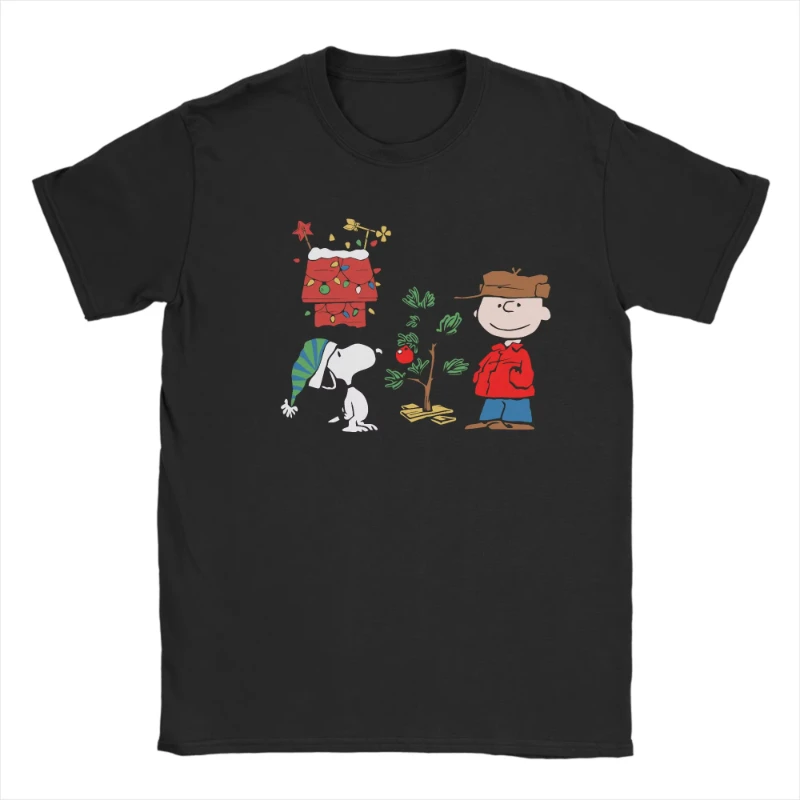 

MINISO Men Women Anime Snoopy and Charlie Christmas Tree T Shirt Tops Leisure Short Sleeve Crewneck Tees Plus Size T-Shirts