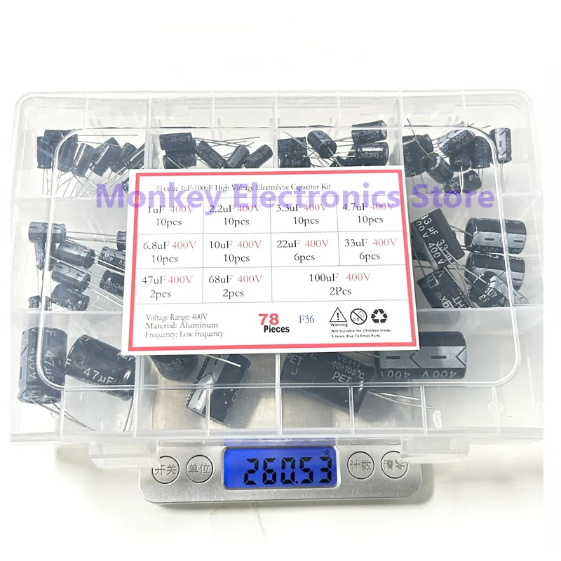 78pcs Electrolytic Capacitors DIP High Voltage 400V Set 11value (1uF - 100uF) 400V 100UF 68UF 46UF 33UF 22UF 10UF 6.8UF 4.7UF 3.