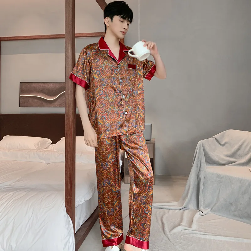 High Quality Pajamas Suit Men Summer Ice Silk Short-sleeved Trousers Thin Satin Home Clothing Suit Spring Autumn Sleepwear Male