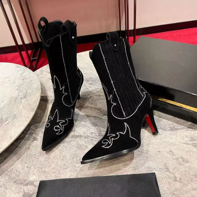 New red sole shoes Women Size35-43 Natural Cow Suede Boots Super High Heels Crystal Embroider Rivets Knee High Boots Zapatillas