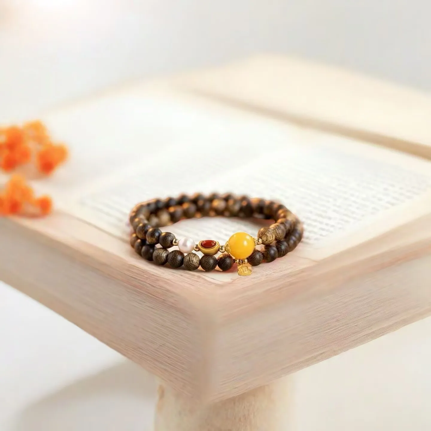 

Women's Double Layer Natural Amber Beaded Agarwood Bracelet Sandalwood Wooden Buddhist Prayer Bracelet Gifts