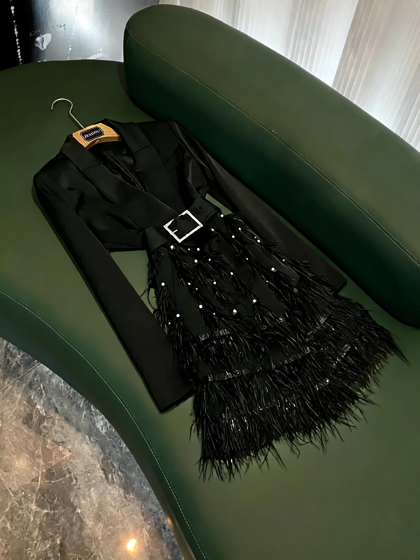 Black Suit Collar Jacket Women's Double Row Buttoned Feather Waist Cinched Commute Coat Long Sleeve Formal Wear Summer New